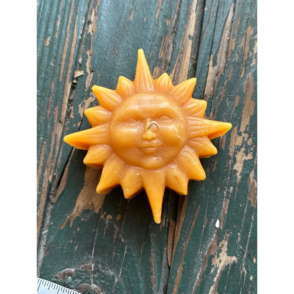 Vintage Celestial Sun Face Beeswax Candle Orange Molded Wax Boho Decor A3219